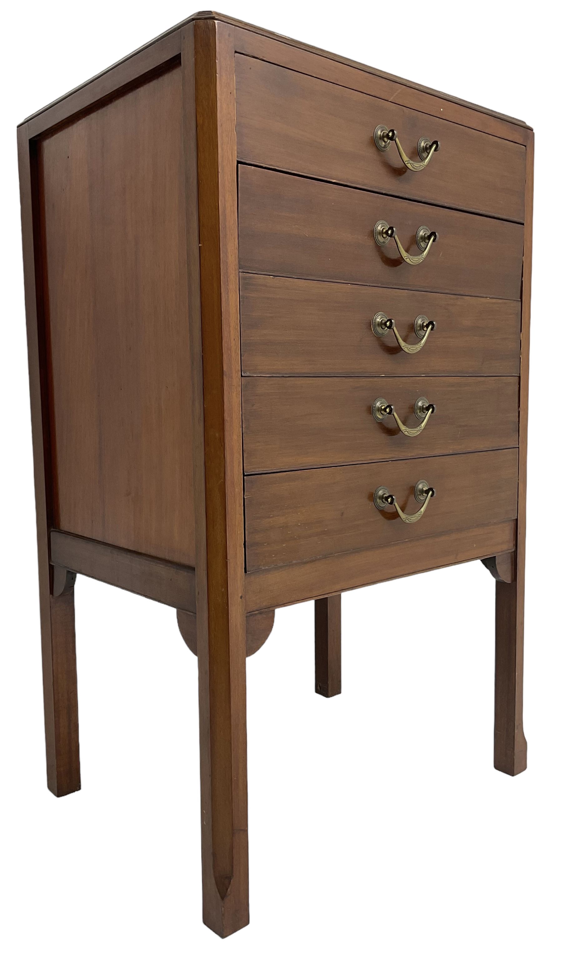 Edwardian mahogany five-drawer music cabinet, moulded top over five drawers with fall fronts, on chamfered square supports 