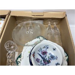 Spode biscuit jar, Denby Mayflower pattern dinner wares, Royal Worcester Evesham pattern oven dishes, cut glass decanters and drinking glasses and a collection of other ceramics and glassware etc, in seven boxes 