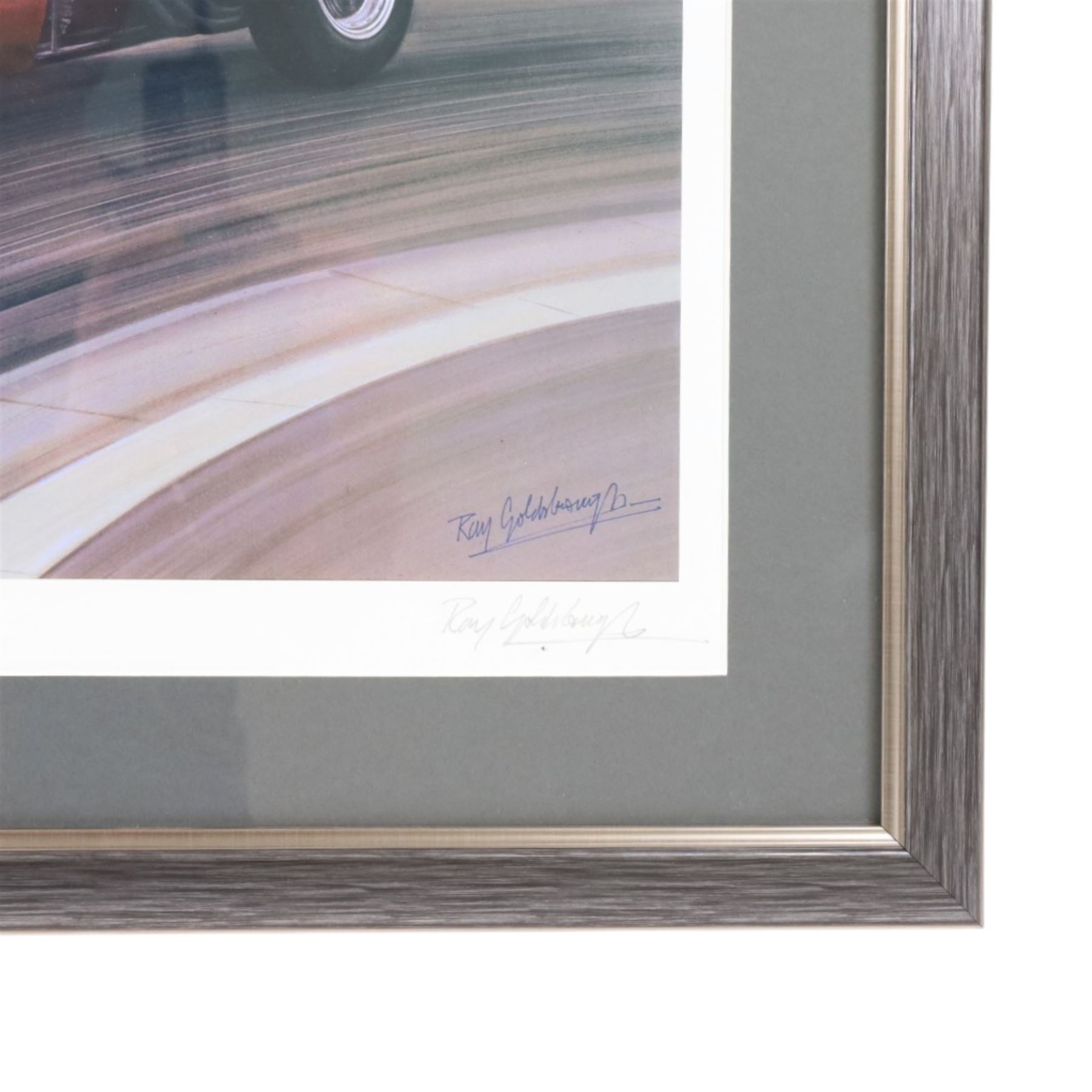 Two limited edition signed motor racing prints, the first by Ray Goldsborough depicting a Sharknose Ferrari 156 driven by Wolfgang Von Trips at the Monaco Grand Prix 1961, limited edition no. 36/475, the second by Robin Owen depicting a Sharknose Ferrari, limited edition no. 64/500, both numbered and signed by the artists, largest H56cm, W66cm