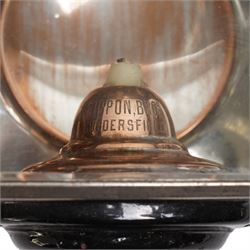 Rippon Bros. (Huddersfield) - pair of Victorian toleware and white metal carriage lamps, the traditional chimney over a rectangular form body with oval convex lens and rear circular red reverse light, maker engraved to candle mount