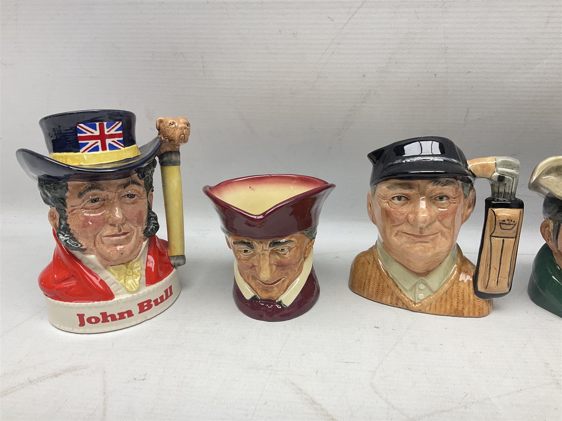 Large collection of Royal Doulton miniature character jugs, to include The Postman D6801, The London 'Bobby' D6762, Old Salt, D6554, Sir Henry Doulton D6703 etc  