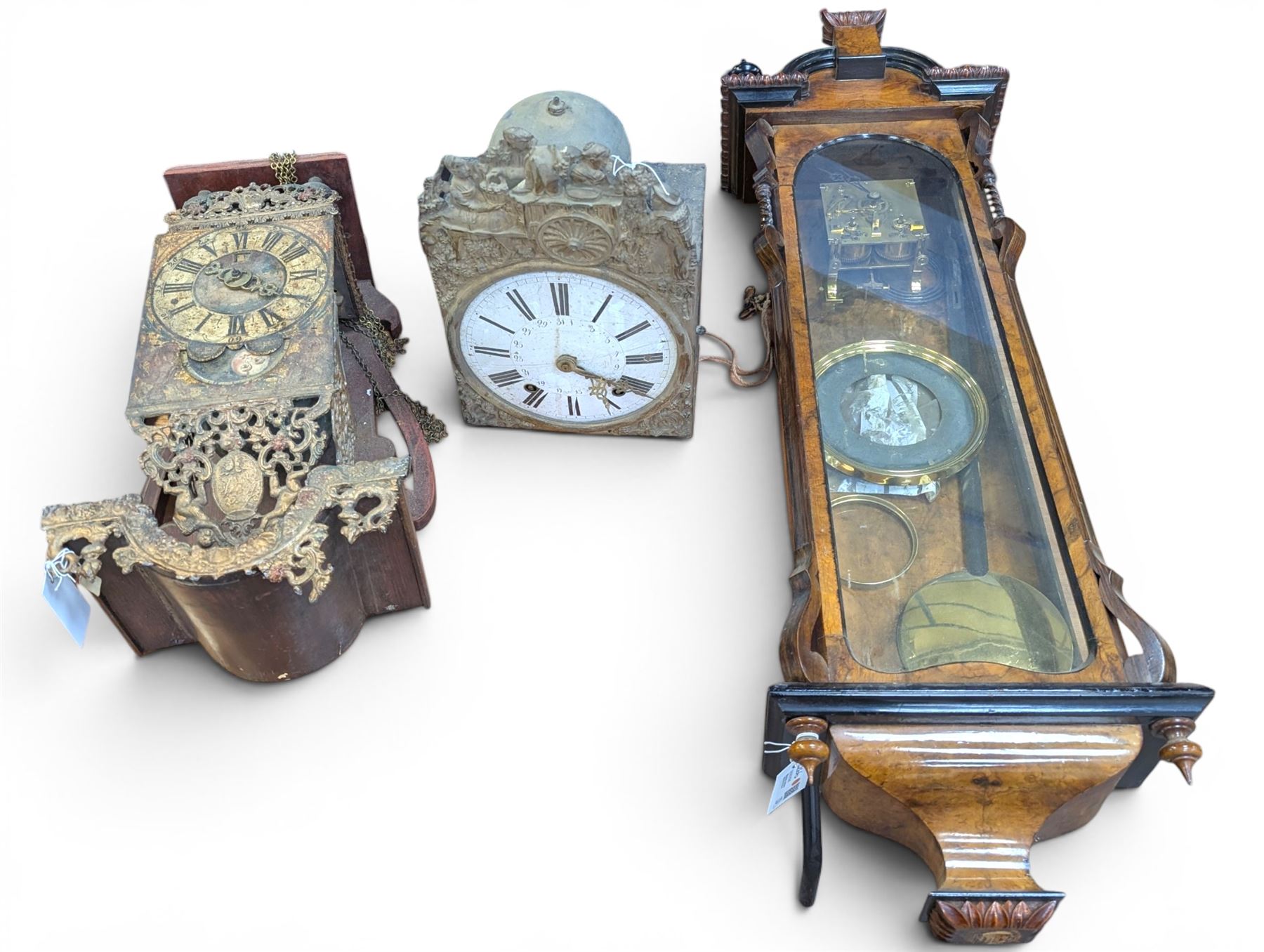 Reproduction Dutch lantern clock, eight day clock movement and a walnut cased regulator clock for restoration