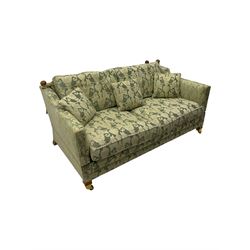 Three-piece hardwood-framed lounge suite - large two-seat Knole sofa with drop ends, upholstered in patterned fabric decorated with urns and foliage (W190cm, D117cm, H88cm); armchair upholstered in contrasting geometric pattern fabric (W83cm, D102cm, H93cm); and another armchair (W82cm, D102cm, H92cm) (3)