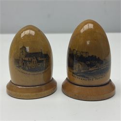 Six sewing related Mauchline ware comprising an oval reel box with internal label for Clark & Co's, tape measure, pin case and three thimble holders of ovoid form 