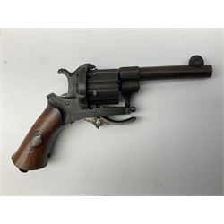 19th century Belgian Flobert 7mm pin-fire revolver with six-shot cylinder, 7cm octagonal to round barrel, folding trigger and walnut stock incorporating ejector rod in butt L18cm overall