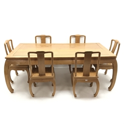 Eastern hardwood rectangular dining table, shaped supports (W217cm, H80cm, D119cm) and set six dining chairs, solid seat, shaped supports (W51cm)
