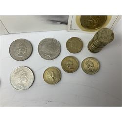 Queen Elizabeth II coinage, including nine five pound coins, eight two pound coins and thirteen old round one pound coins