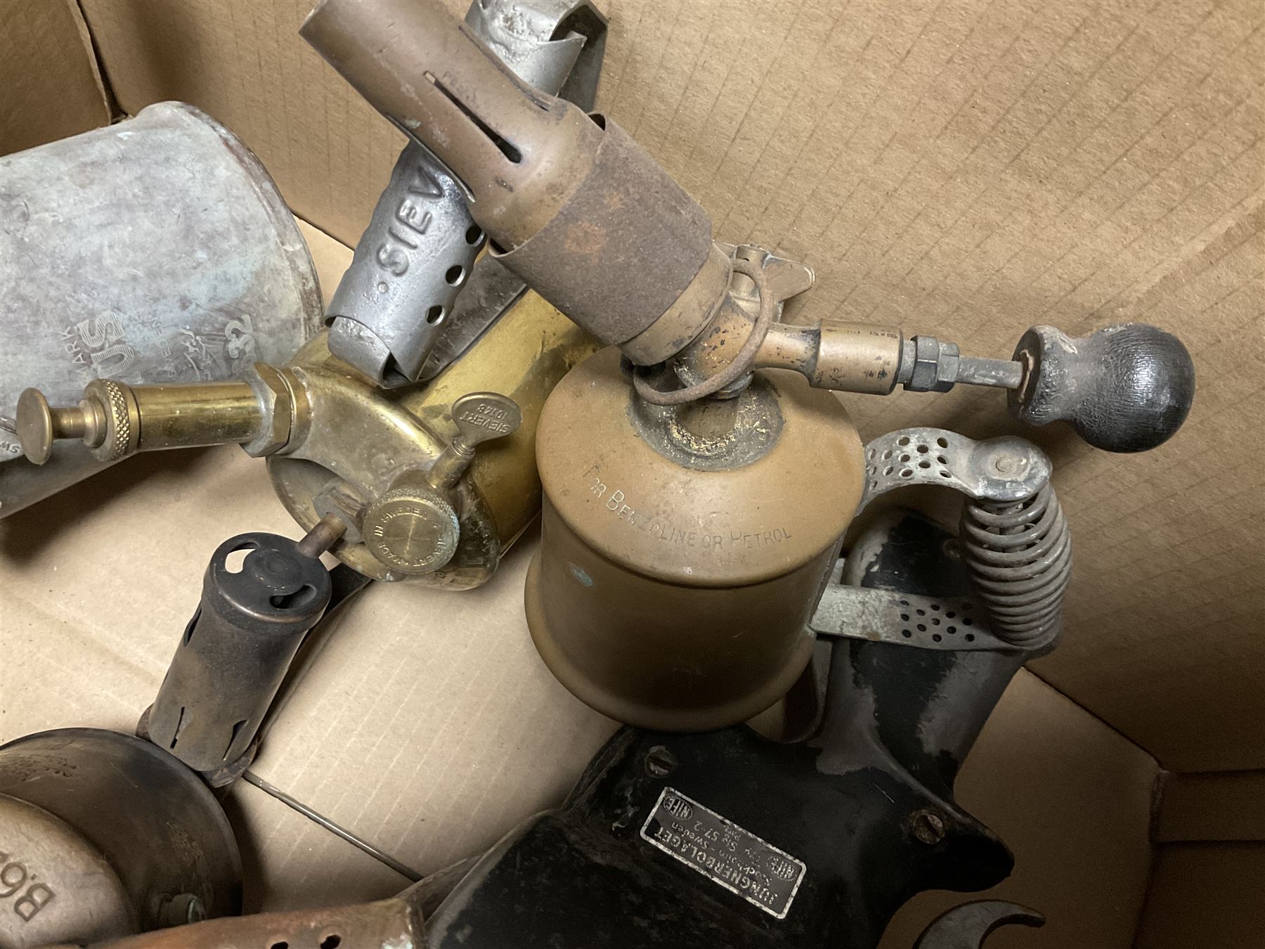 1940s/50s Signal or Morse lamp, Jungnerbolaget, type sig 57-2, along with brass, copper and other metal blow torches 