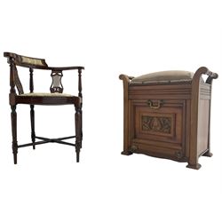 Edwardian walnut piano stool, hinged upholstered seat over carved fall-front cupboard (W58cm D36cm H58cm); and Edwardian inlaid mahogany corner chair, lyre back supports, turned tapering supports with X-stretcher (W61cm H73cm)