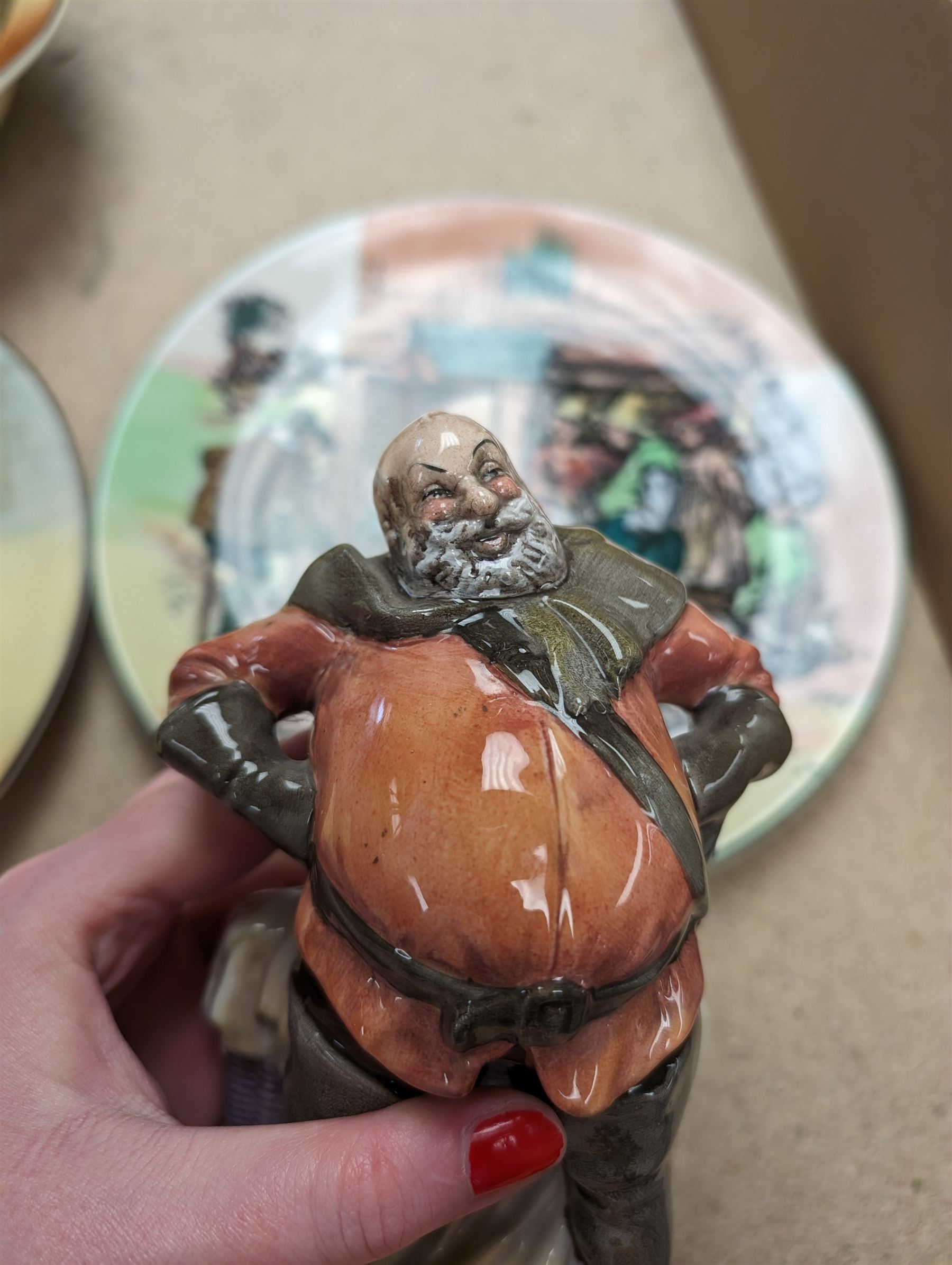 Royal Doulton ceramics, to include Falstaff figure and plate, Dickens Ware The Fat Boy bowl and one other plate