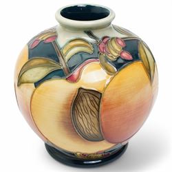 Moorcroft Peaches pattern globular vase from the Mediterranean series H11cm, Ingleswood saucer dish designed by Philip Gibson and a Prairie Summer vase H10cm (3) 