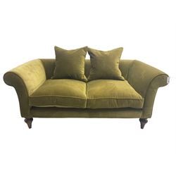 Sofas & Stuff - 'Clavering' two seat sofa upholstered in olive green velvet, scrolled arms, on turned front supports, with matching scatter cushions