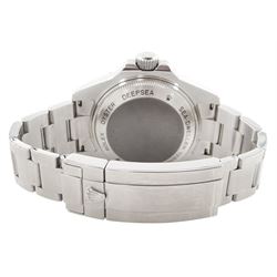 Rolex Oyster Perpetual Date Deepsea Sea-Dweller gentleman's stainless steel automatic wristwatch, circa 2008, Ref. 116660, serial No. V120010, luminous filled dot hour markers, baton quarters and white outer minute divisions, on Rolex Oyster bracelet, with fold-over clasp, boxed with papers