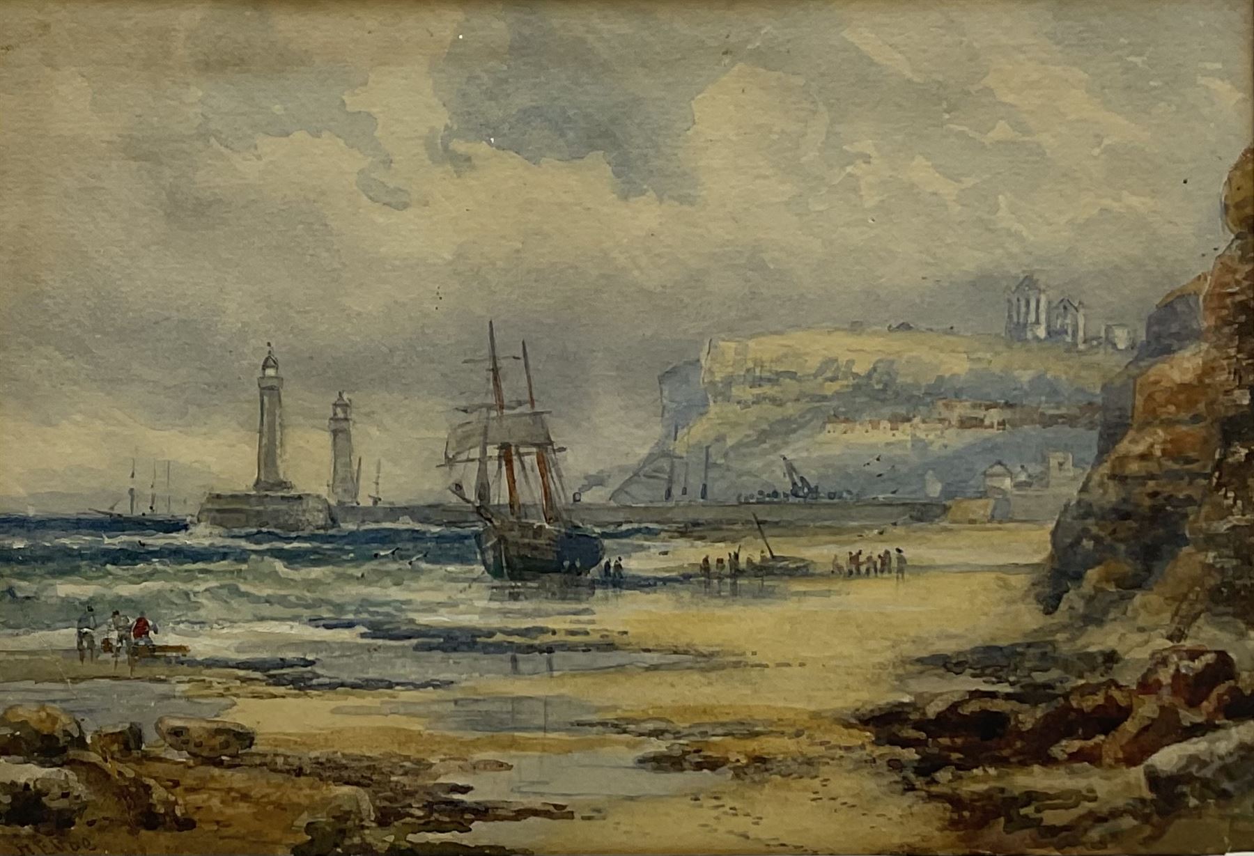 Robert Ernest Roe (British 1852-c1921): Unloading on the Beach at Whitby, watercolour signed 17cm x 24cm