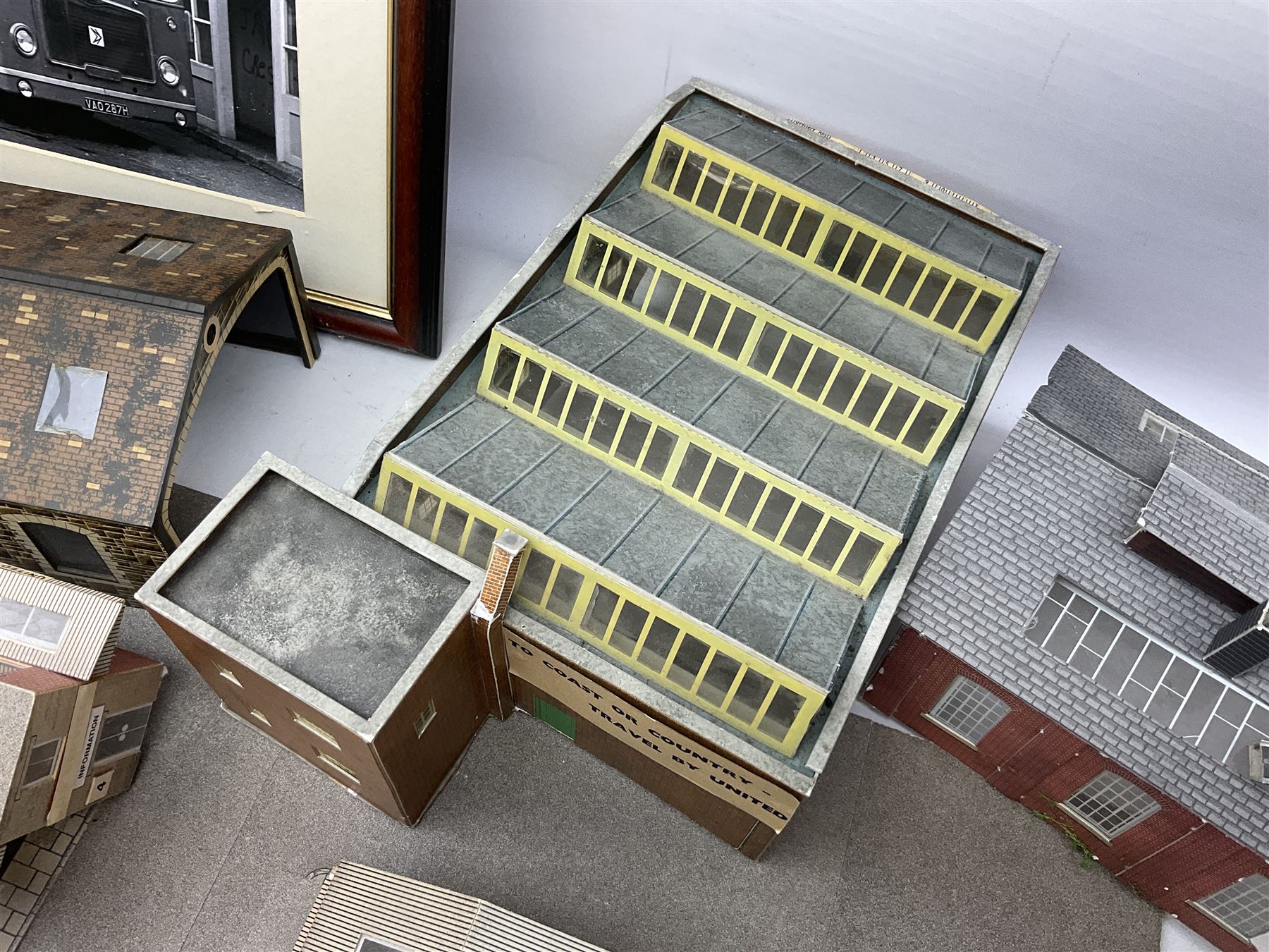 Quantity of model houses, framed print, coal E & J Mining Memories Morris Minor figures etc