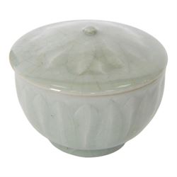 Celadon longquan lidded bowl with lotus decoration, together with another lidded jar with elephant finial, tallest H15cm 