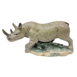 Lladro figure, Rhinoceros, no 14944, gres finish, sculpted by Vincente Martinez, year issued 1976, year retired 1978, L32cm