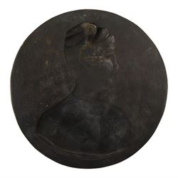 Bronze wall plaque, of circular form, cast in relief with the the head and shoulders of a woman in profile, believed to by Lady Hamilton, impressed W. Wright, Modeller, D25cm