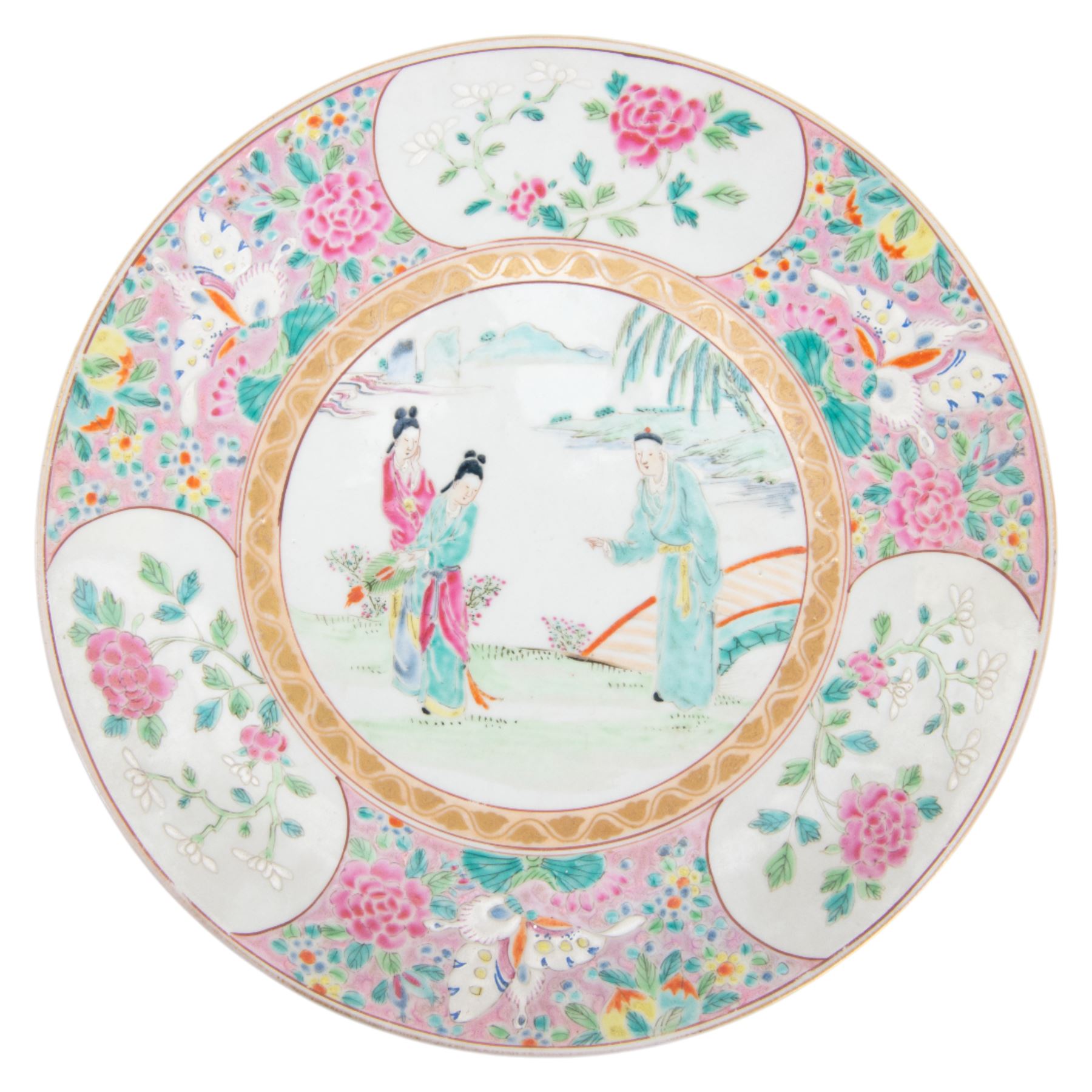20th century famille rose charger, the central panel decorated with figures in a garden surrounded by flowers, D30cm