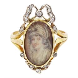 19th century gold and silver diamond portrait ring, set with an oval miniature of a woman ...