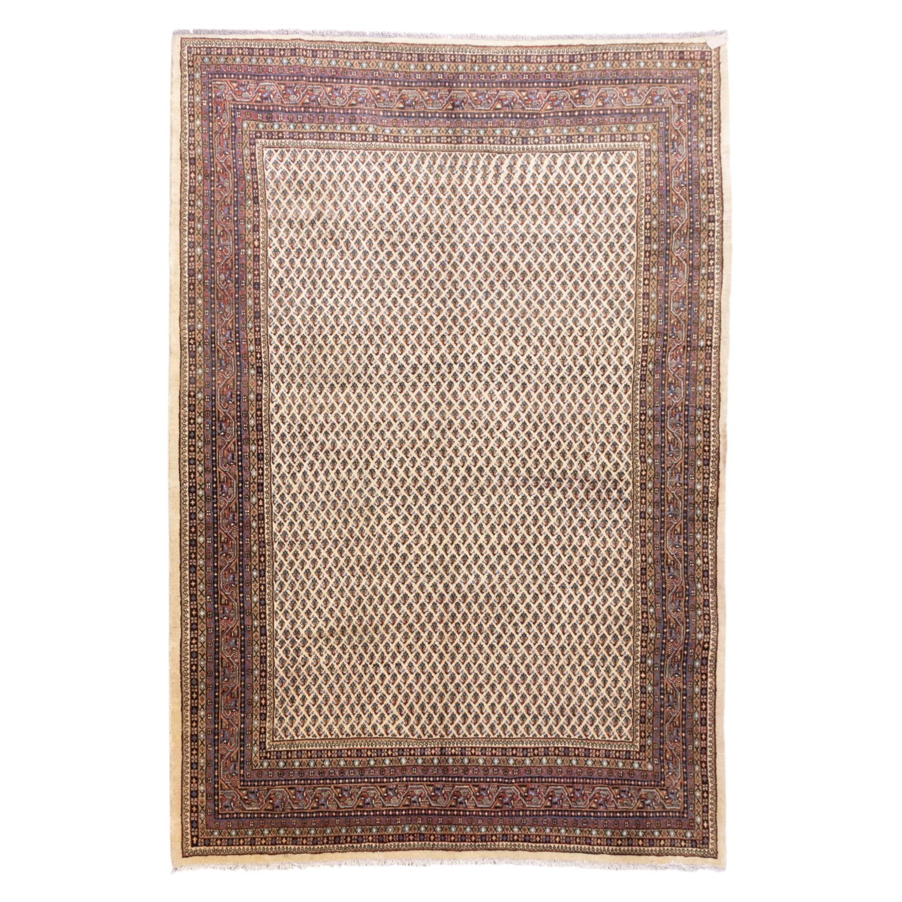 West Persian Botteh-Mir hand-knotted rug, ivory field decorated with an overall dense lattice design of small repeating boteh motifs in muted blue, rust, and brown tones, enclosed by a series of narrow borders incorporating stylized geometric and floral patterns with cotton fringe ends 