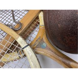Quantity of early 20th century and later tennis rackets, to include Artus Majesty, Dunlop Alpha, Atlas Silver Shield and Raleigh Konni, together with a stitched rugby ball