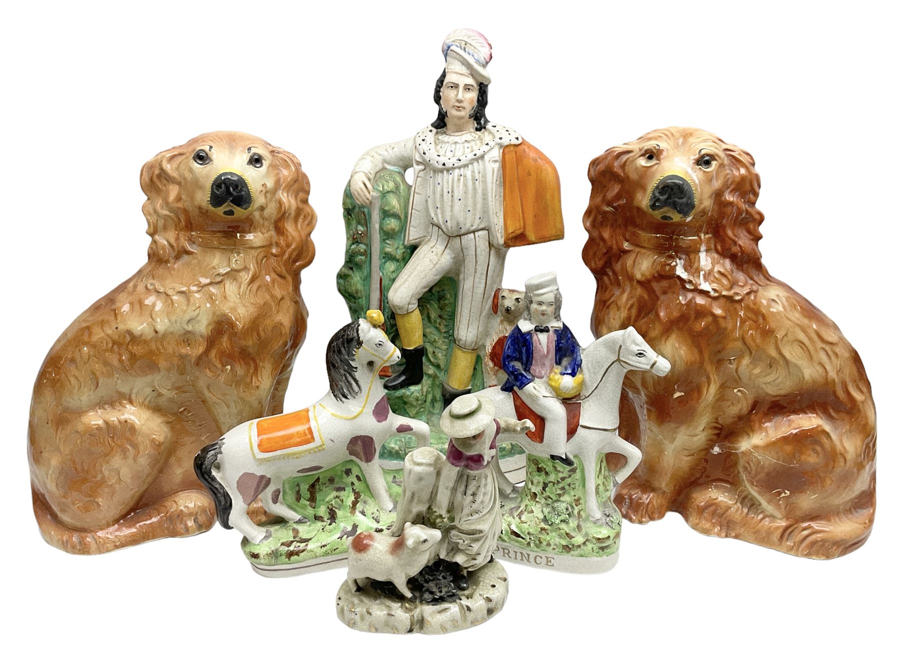 Group of Victorian and later Staffordshire style figures, to include two dogs, Prince upon horse back, horse with pink lustre patches, tall figure of a man beside his dog etc, tallest H41cm