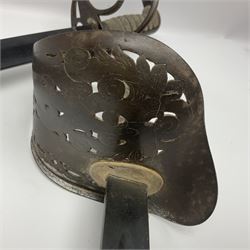 WW1 British Army 1897 Pattern Officers Sword, the 80cm fullered steel blade with traces of decoration and inscribed 'W.E. French 1914'; the basket hilt pierced with the George V cypher and wire-bound fish-skin grip L97cm overall; and WW1 British 1821 pattern Royal Artillery officer's sword with three-bar hilt; both lacking scabbard (2)