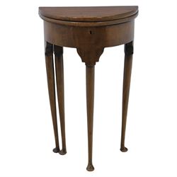 Small proportioned 19th century demi-lune drinks table, foldover top with gate action, rai...