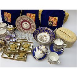 Commemorative ware Including five green and gold Highgrove limited edition hand embroidered tree decoration, a collection of ceramic ware from the royal collection including four cups and saucers, small teapot,    three trinket trays, five trinket pots with lids, eight tot glasses, three William Edwards Queens 80th cup, Hudson & Middleton hinged box etc. 
