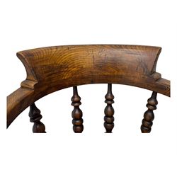 Victorian elm captains smokers bow chair, spindle turned tub shaped back, saddle seat, seat height 41cm