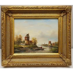 Dutch School (Late 20th century): Rowing Down the River, two oils on panel indistinctly signed 29cm x 40cm and 19cm x 24cm in heavy gilt frames (2)