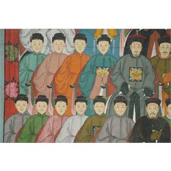 Large and impressive Chinese ancestral portrait, late Qing dynasty, gouache on stitched canvas with gilded highlights, showing thirty-eight sitters across four registers, the principal ancestors depicted before an altar table holding various ritual items, each in official dress and many wearing Golden Pheasant (Second-rank) and Silver Pheasant (Fifth-rank) Mandarin squares or 'buzi', overall 190cm x 131cm 