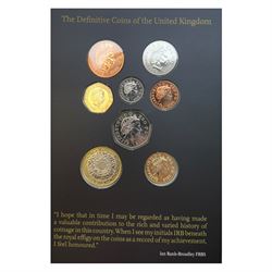 Seven The Royal Mint United Kingdom uncirculated coin sets, comprising  2008 'Emblems of Britain' seven coins, 2010 'A celebration of Britain' eight coins, 2014 'Definitive' eight coins, 2015 'The Fourth Circulating Coinage Portrait Final Edition' eight coins, 2022 'Definitive' eight coins, 2023 'King Charles III Definitives' eight coins and 2024 'Definitive' eight coins, all in card folders