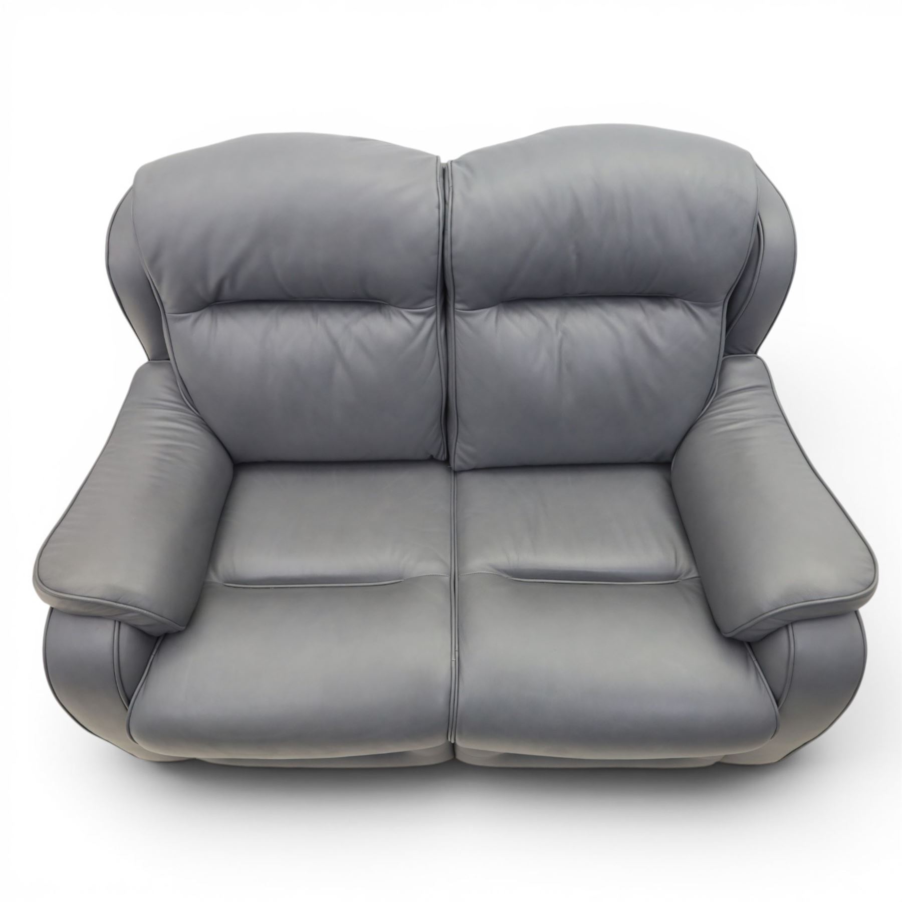 Parker Knoll - 'Boston' grey leather two seater sofa, with zip in cushions and shaped arms, raised on dark feet