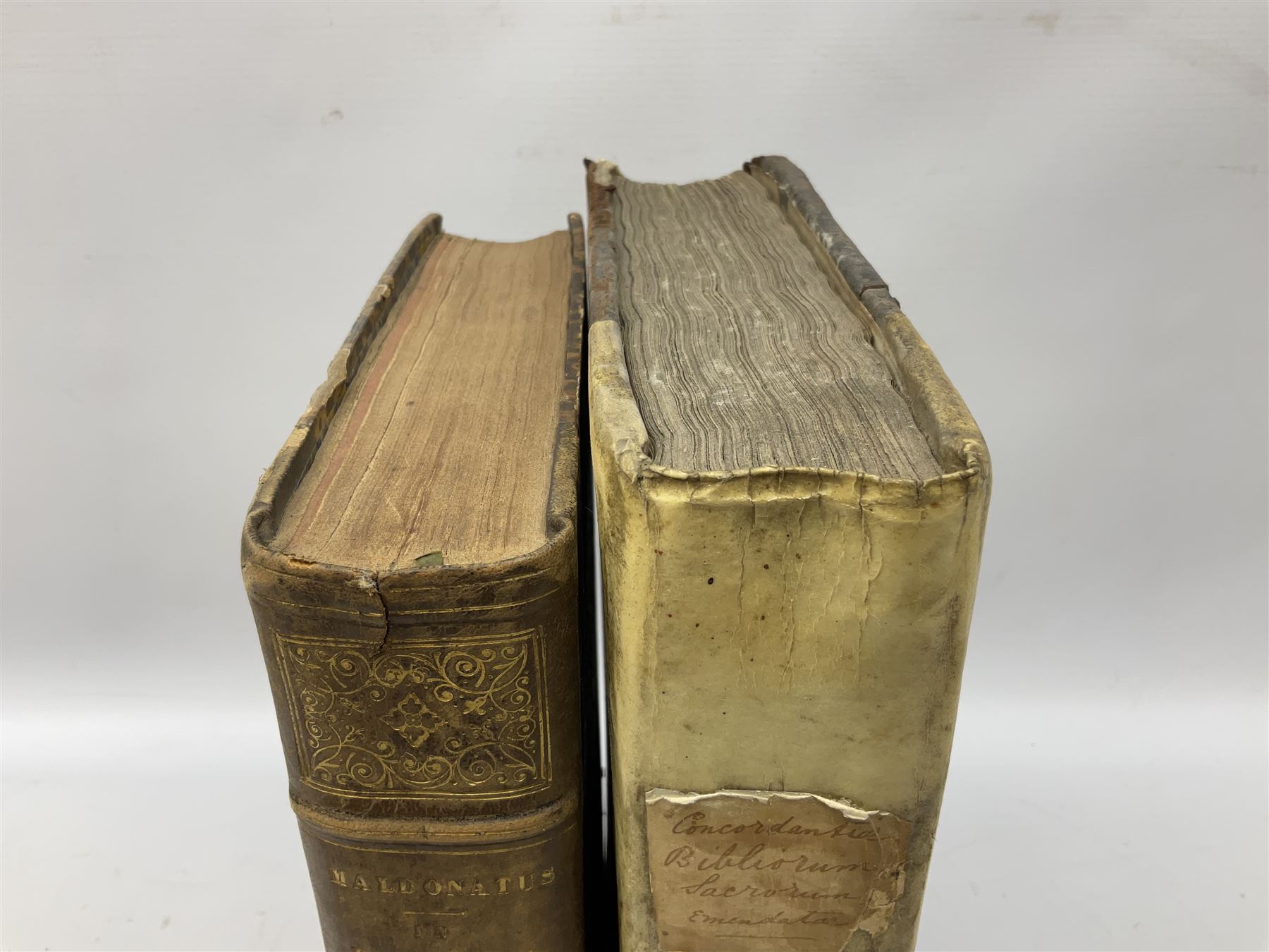 Ioanis Maldonati Sapharensis Societatis Jesu Theologi Commentarii In Quator Evangelistas .... Editio Postrema .... 1629 Paris Petri Billaine. Folio with later quarter leather binding; and Sacrorum Bibliorum Vulgatae Editionis Concordantiae Ad Recognitionem Iussu Sixti V. Pont. Max..... 1642 Antwerp. Folio quarter vellum with leather boards (2)