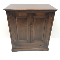  Traditional oak side cabinet, two cupboards above single drawer, shaped plinth base, suitable for television, W95cm, H106cm, D55cm  