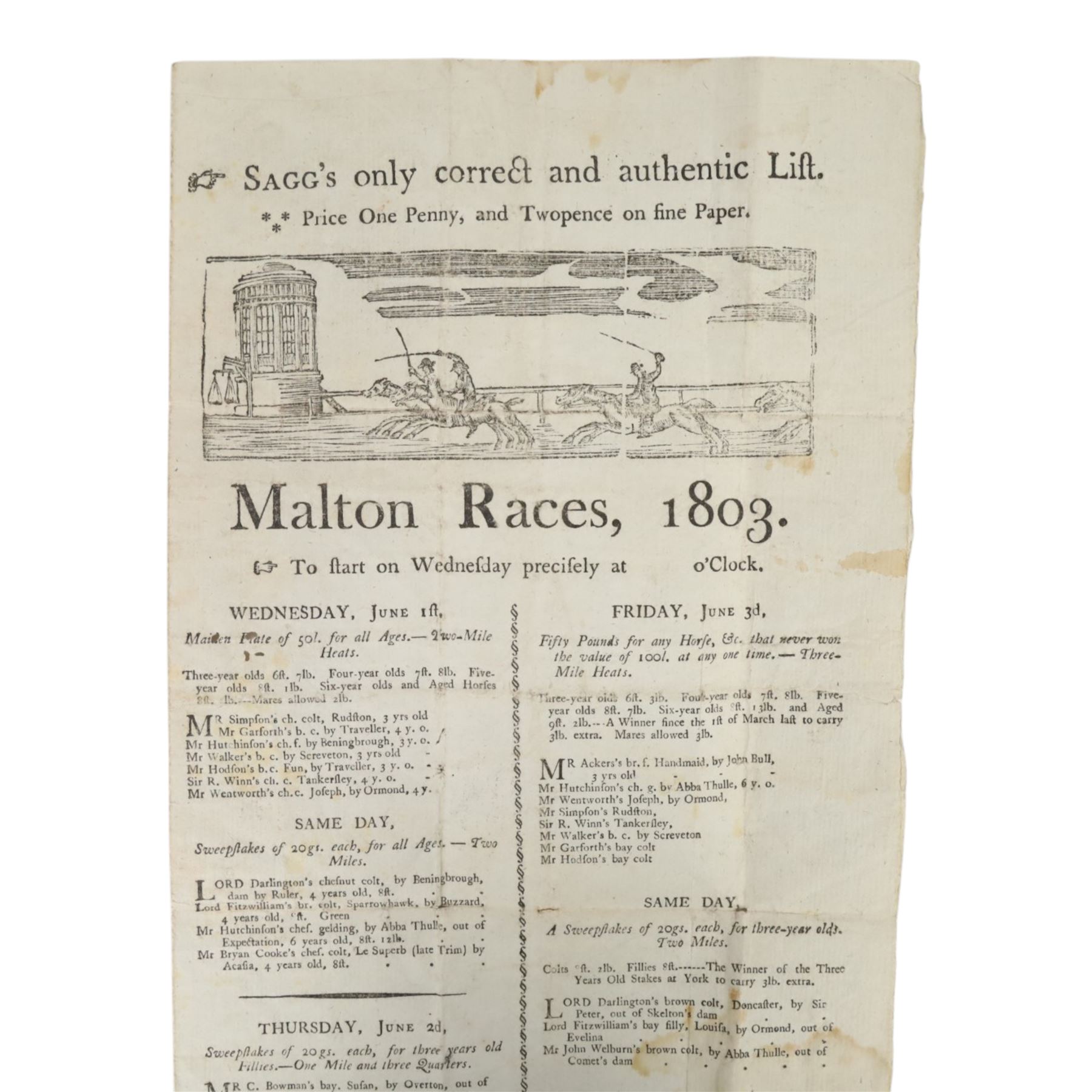 Early 19th century handbill for Malton Races June 1803 'Sagg's only correct and authentic list' with race details, runners and owners, named to back Revd. Harding, Pickering, H32cm