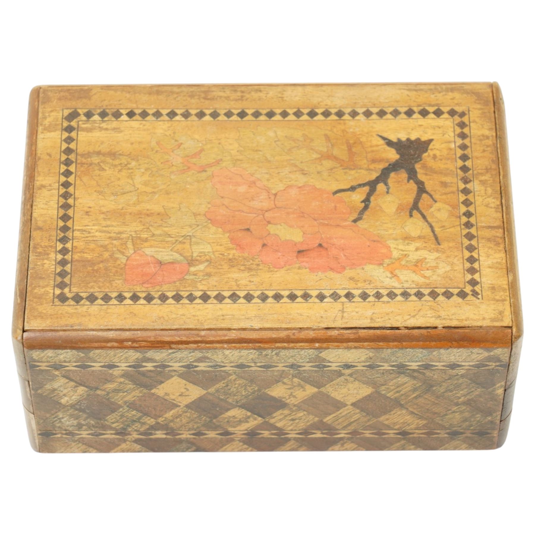Japanese inlaid puzzle box, decorated with scenes of Mount Fuji and flowers, W15cm D10cm 