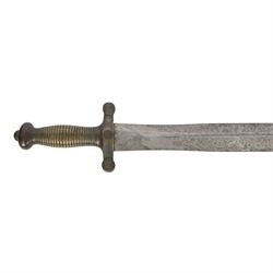 French 1832 Pattern Gladius short sword, the 49cm double edged blade inscribed to the ricasso, cast brass hilt with groove grip and short quillons, brass mounted leather scabbard, scabbard and sword both marked 994, overall L66cm