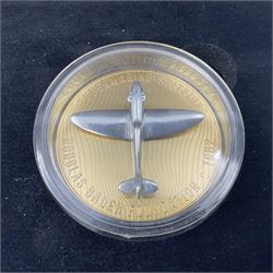 Group Captain Sir Douglas Bader gold spitfire commemorative, 9ct gold medallion mounted with a model of a Spitfire made from aluminium from AB910, gross weight 62 grams, cased with certificate