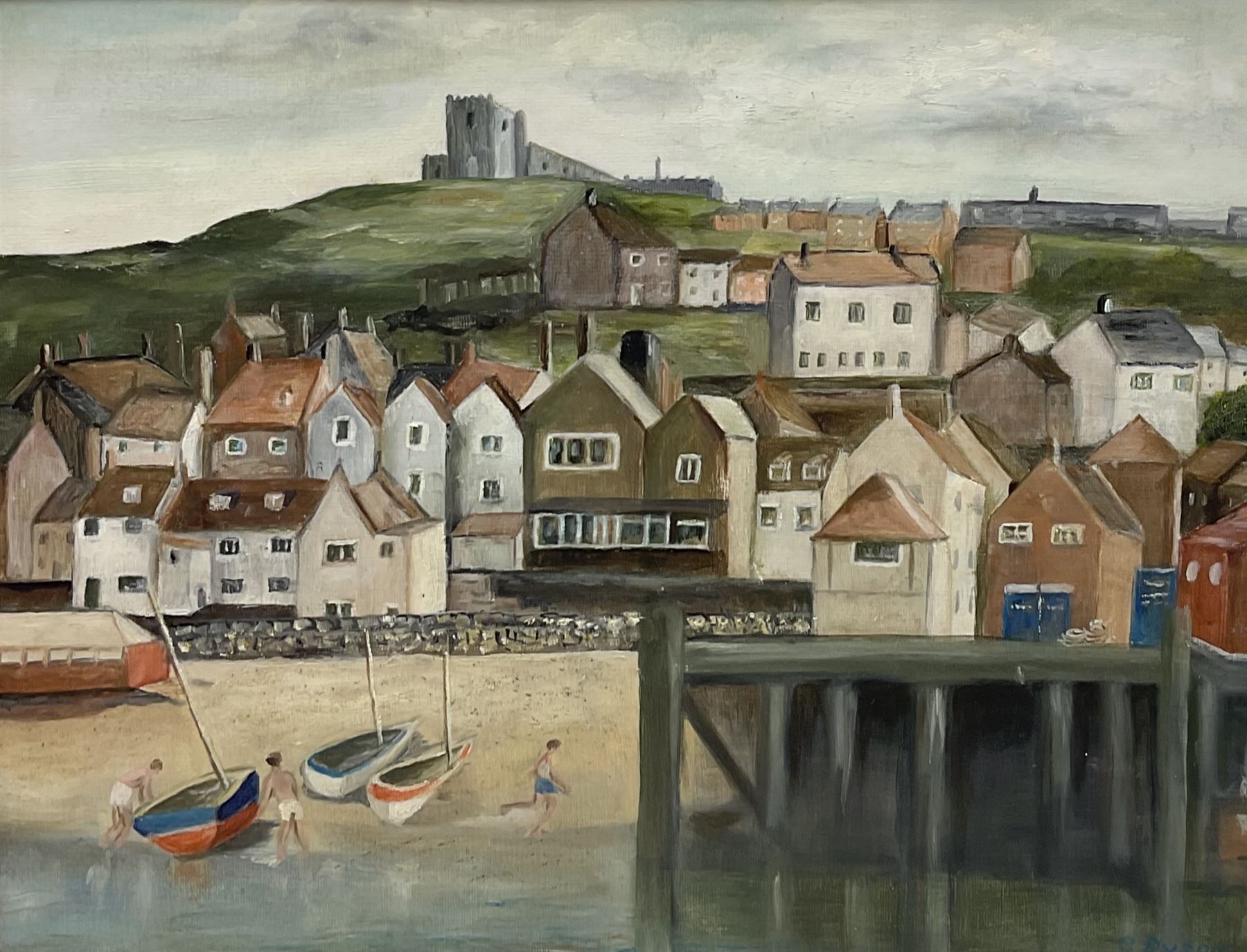 E Dyson (British 20th century) Whitby Abbey from the Beach, oil on