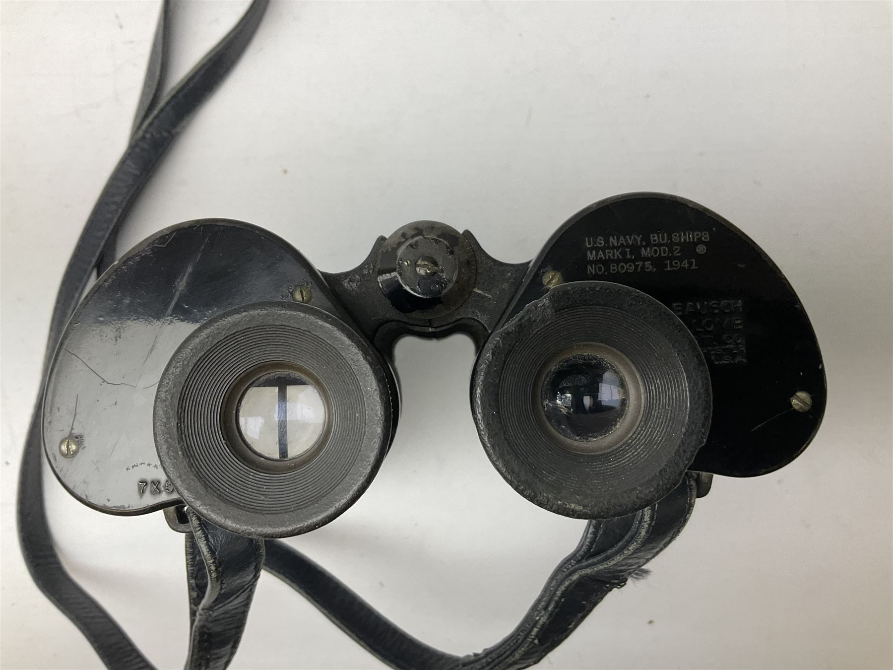 Pair of WW2 Bausch & Lomb U.S. Navy 7 x 50 binoculars, Mk.1 Model 2, impressed BU Ships No.80975 1941, serial no.OY6585, with neck strap