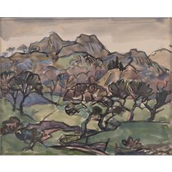 Helen Marguerite Steinthal (British 1911-1991): Forest Before the Hills, watercolour unsigned, attributed verso 23.5cm x 29cm; English School (Mid-20th Century): Bridge in the Town, watercolour unsigned 23cm x 28cm  (2)