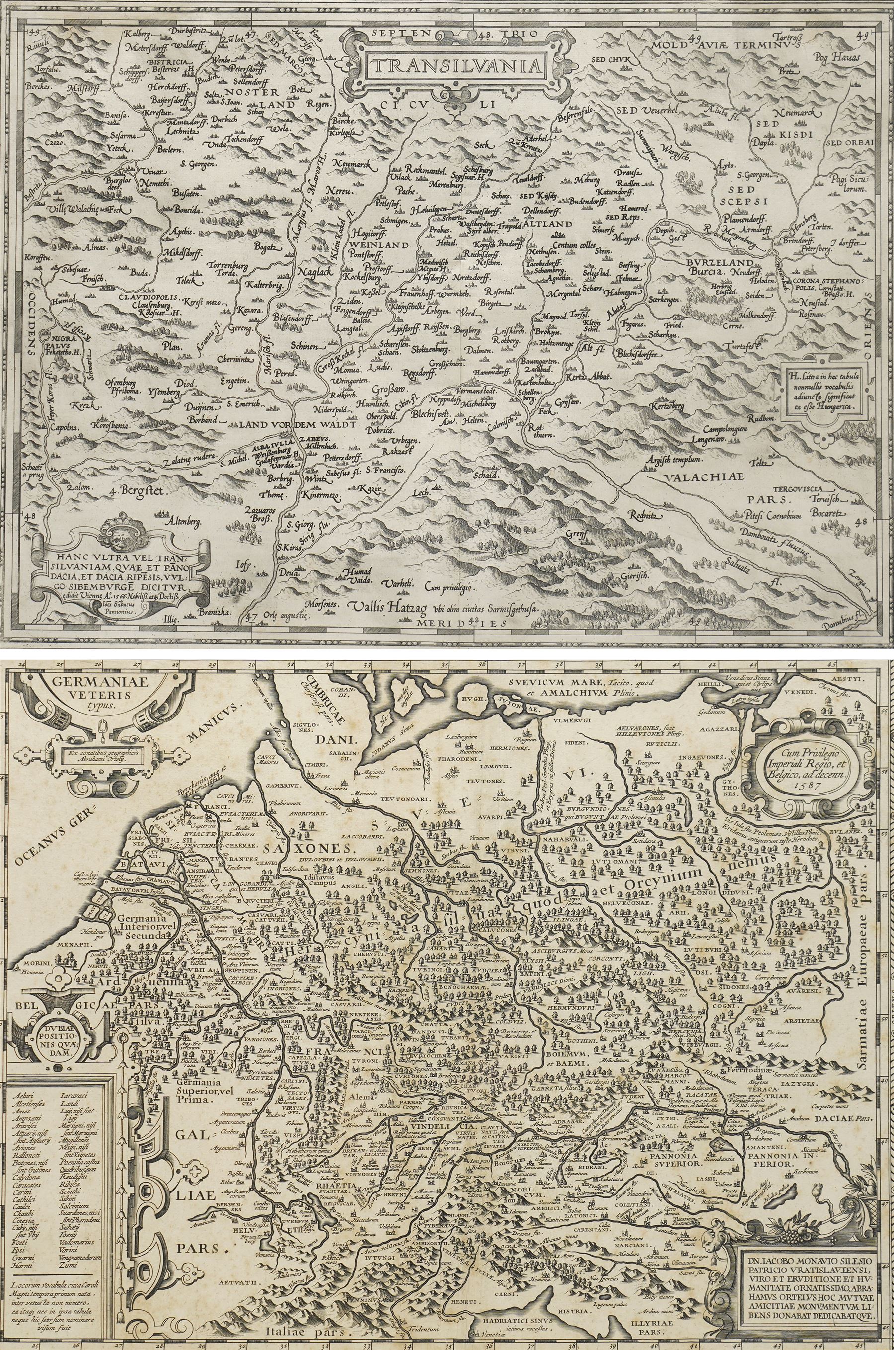 Abraham Ortelius (Belgian 1527-1598): 'Germaniae Veteris Typus', 16th century engraved map of Germany pub. c.1587, 40cm x 52cm; Abraham Ortelius (Belgian 1527-1598) after Johannes Sambucus (Hungarian 1531-1584): ‘Transilvania’, 16th century engraved map of Transylvania, pub. c.1580, 34cm x 46cm (2)