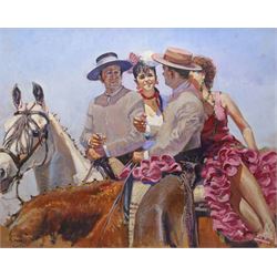 Malcolm Coward (British 1948-): Flamenco Dancers and Gauchos on Horseback, oil on canvas s...