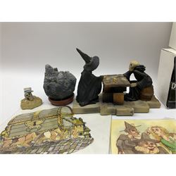 Terry Pratchett Discworld figures, designed by Clarecraft, comprising Death and Granny Weatherwax, DW90, Deathhead DWE8, Dried-frog pill box, boxed, DW63, Death as Beau Nidle, boxed, DW88, Agnes Nitt DW68, Detritus, DW22, Bonsai mountain, DW78, Volcanic bonsai mountain, boxed, DW79, Bonsai mountain valley, DW80, together with the Discworld mapp, and a collection of Terry Pratchett cards.  