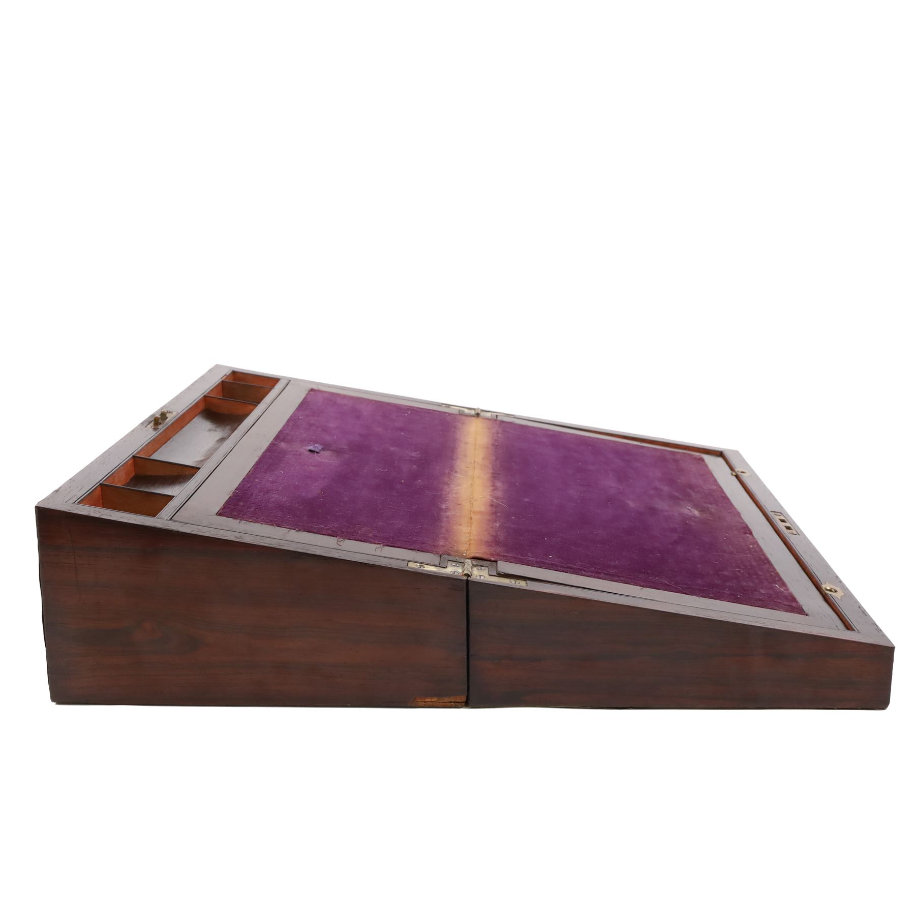 Rosewood writing slope, with brass inlaid decoration, the lid opening to reveal a purple writing slope, H17cm, L51cm
