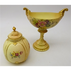  Royal Worcester blush ivory two handled pedestal bowl shape 280, H20cm and jar and cover no. 1809 (2)  