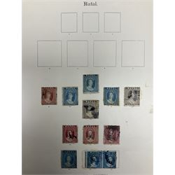 Natal Queen Victoria and later stamps, including 1859-64 perf one pennies, three pence, six pence, 1867 one shilling, 1874-78 five shillings, various overprints etc, housed on pages
